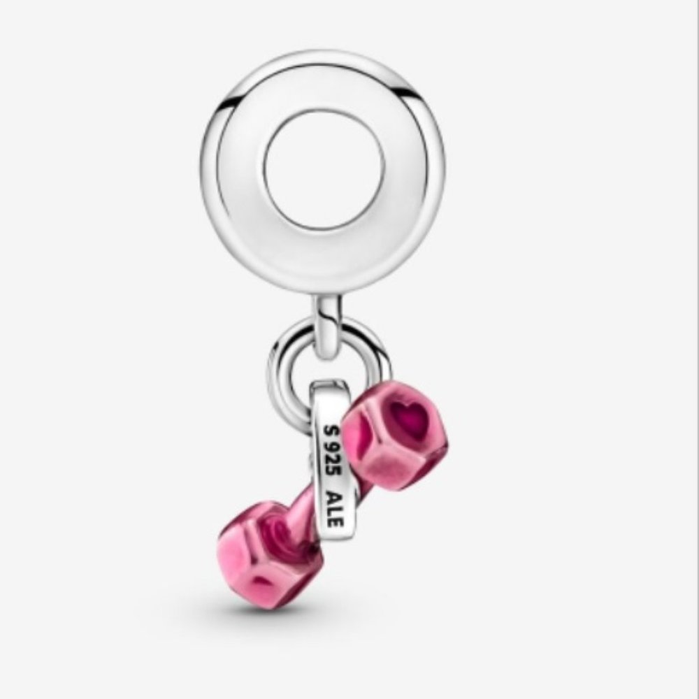 New Pandora Dumbbell & Heart Dangle Charm Bead w/pouch